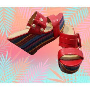 Nine West Red Lara Striped Wedge Slip on Sandals Sz 7.5 Beachcore